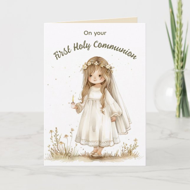 Editable Girl mit Candle First Heilige Kommune Karte (Vorderseite)