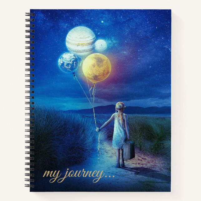 Editable Girl mit Planet Balloons meine Reise Notizbuch (Vorderseite)