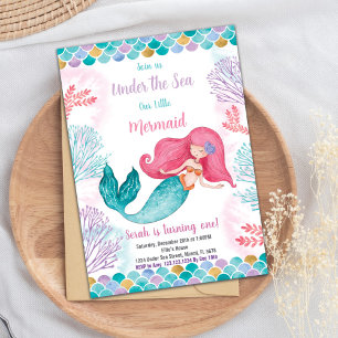 Editable Girls Ocean Theme Party Card mit Starfis Einladung