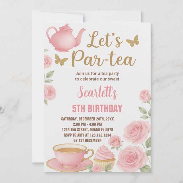 Editable Girl's Tea Party Einladung (Vorderseite)