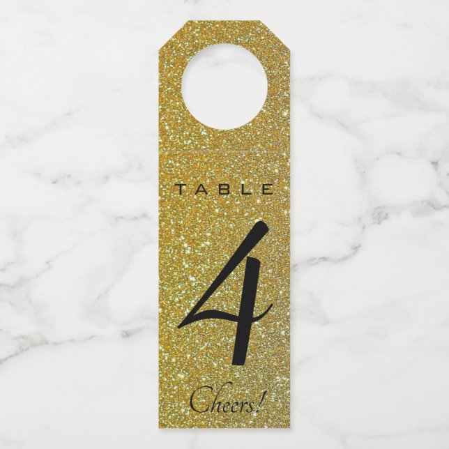 Editable Gold Glitzer Tischnummer Flaschenanhänger (Vorderseite)
