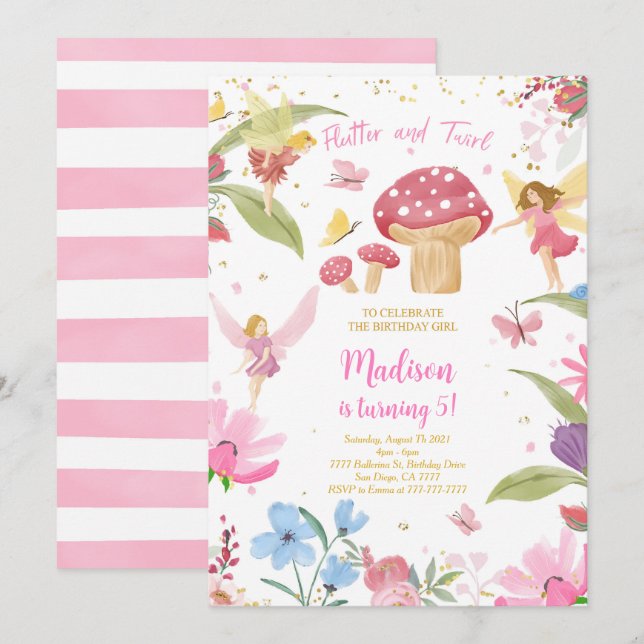 Editable Golden Fairy Birthday Einladung (Vorne/Hinten)