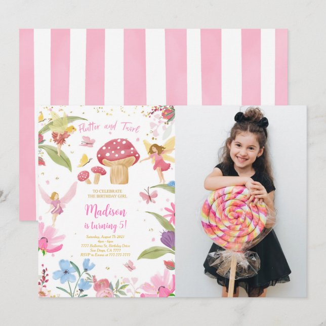 Editable Golden Fairy Birthday Foto Einladung (Vorne/Hinten)