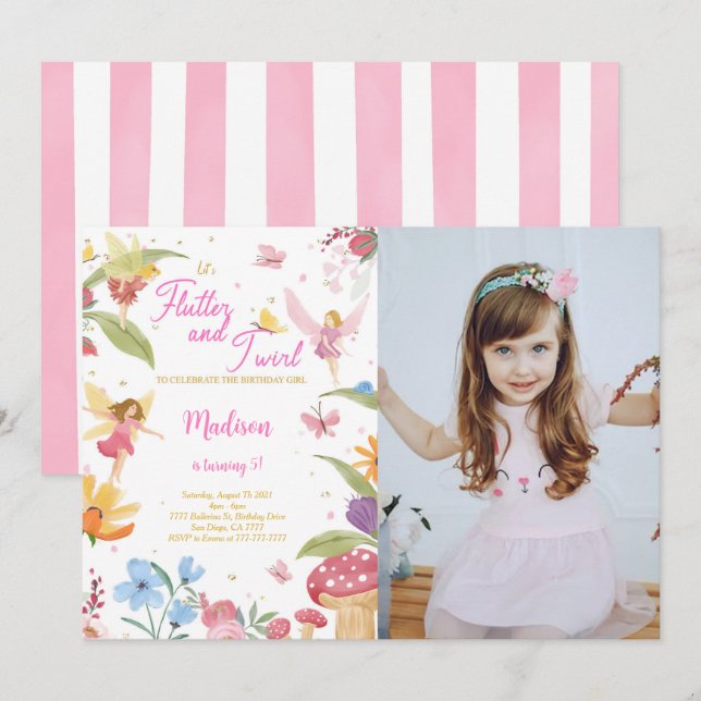 Editable Golden Fairy Birthday Party Foto Einladung (Vorne/Hinten)