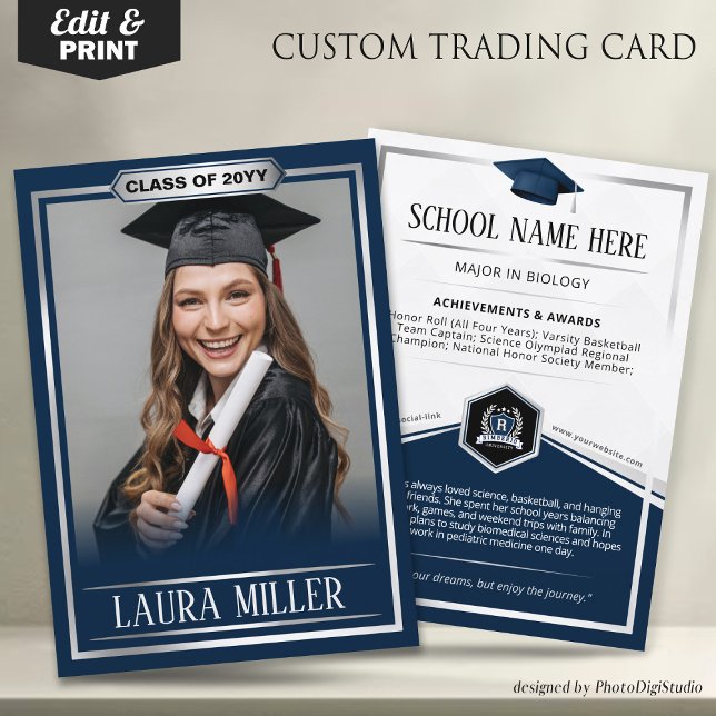 Editable Graduate Trading Card Elegantes blaues Si Telefonnummerkarte (Editable Graduate Trading Card, Elegant Blue Silver Card, Custom Trading Card for Graduation)