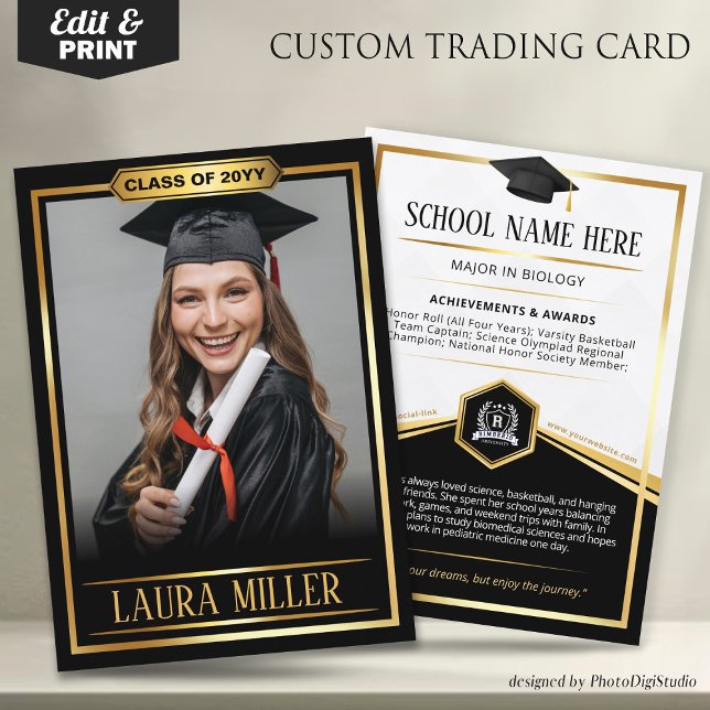 Editable Graduate Trading Card Elegantes Schwarzes Telefonnummerkarte (Editable Graduate Trading Card, Elegant Black Gold Card, Custom Trading Card for Graduation)
