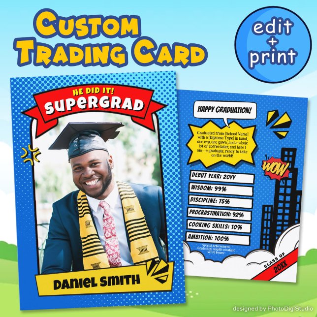 Editable Graduate Trading Card, Super Grad Comic Telefonnummerkarte (Editable Graduate Trading Card, Super Grad Comic Announcement Card)