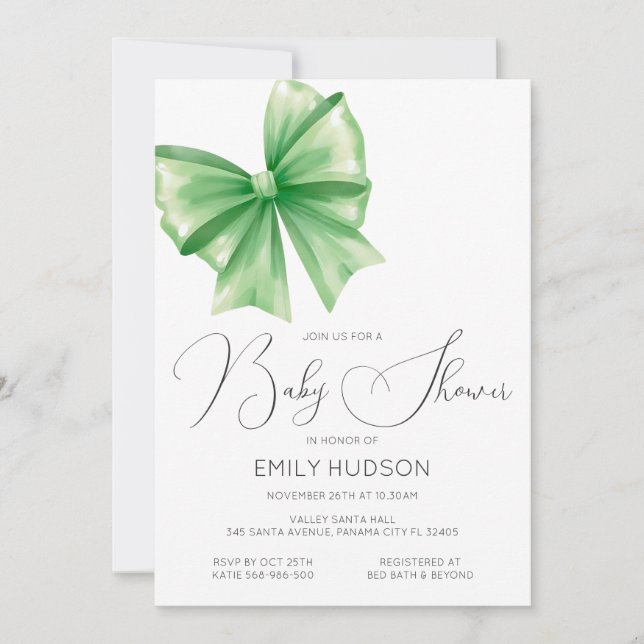 Editable Green Bow Coquette Einladung (Vorderseite)