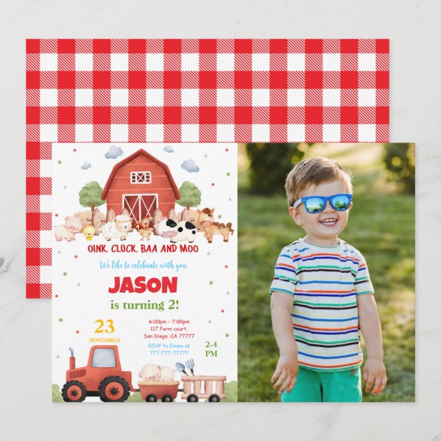 Editable Green Farm Birthday Party Foto Einladung (Vorne/Hinten)
