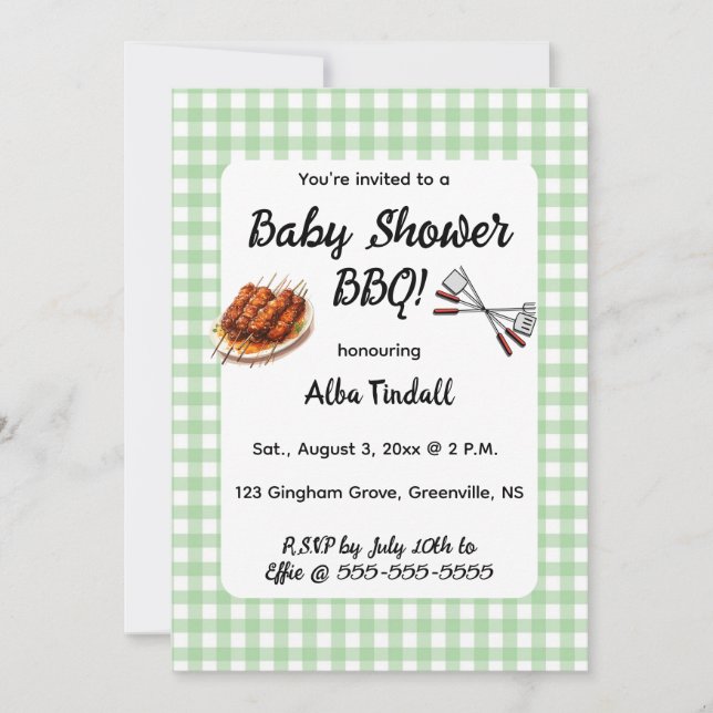 Editable Green Gingham GRILLEN Baby Shower Einladung (Vorderseite)