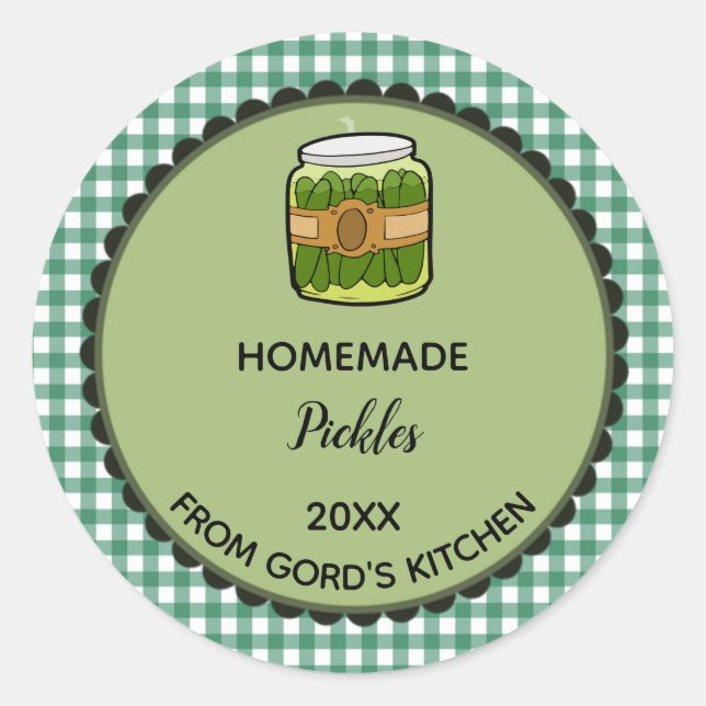 Editable Green Gingham Pickles Label Stickers (Vorderseite)