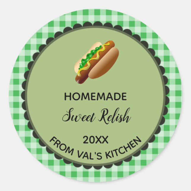 Editable Green Gingham Sweet Relish Label Stickers (Vorderseite)
