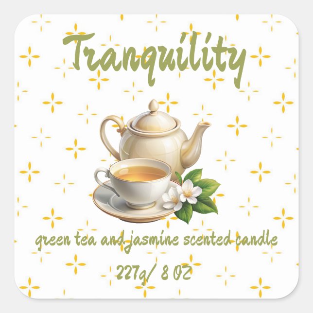 Editable Green Tea and Jasmine Product Quadratischer Aufkleber (Vorderseite)