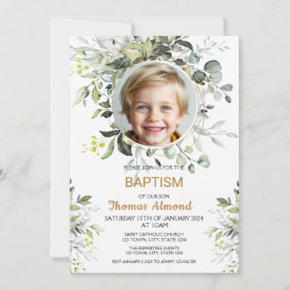 Editable Greenery Photo Baptism Invitation Boy