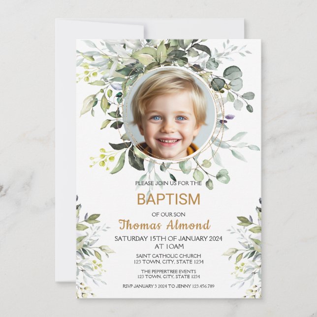 Editable Greenery Photo Baptism Invitation Boy (Devant)