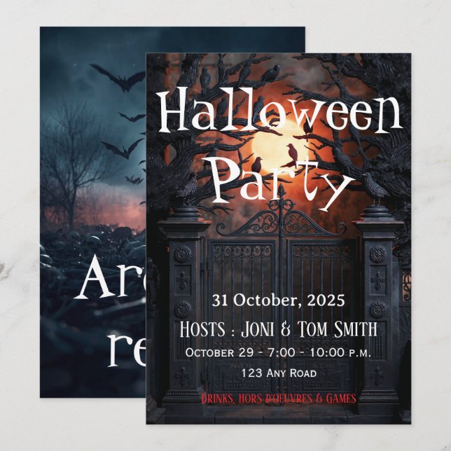 Editable Haunted Gate Halloween Party Invitation Einladung (Vorne/Hinten)