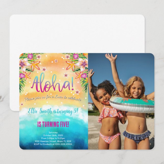 Editable Hawaiian Birthday Kids Foto Einladung (Vorne/Hinten)