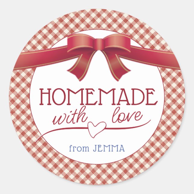 Editable Homemade mit Liebe Red Bow und Gingham Runder Aufkleber (Vorderseite)