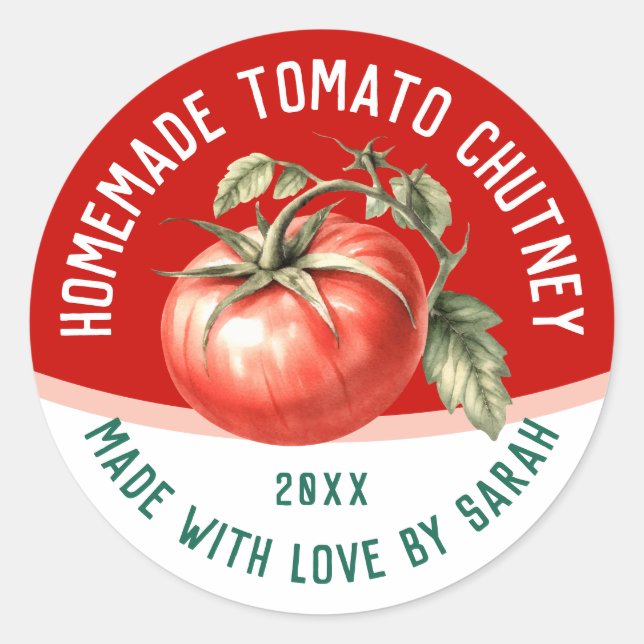 Editable Homemade Tomato Chutney mit roten Tomaten Runder Aufkleber (Vorderseite)