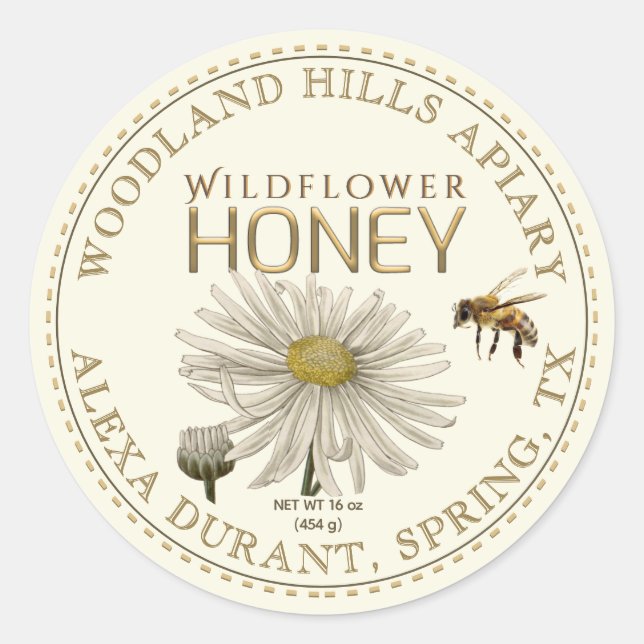 Editable Honey Jar Bee Fleur sauvage Étiquette Ivo (Devant)