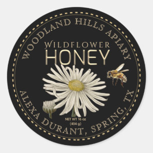 Editable Honey Jar Bee Wildblume Label Black Runder Aufkleber