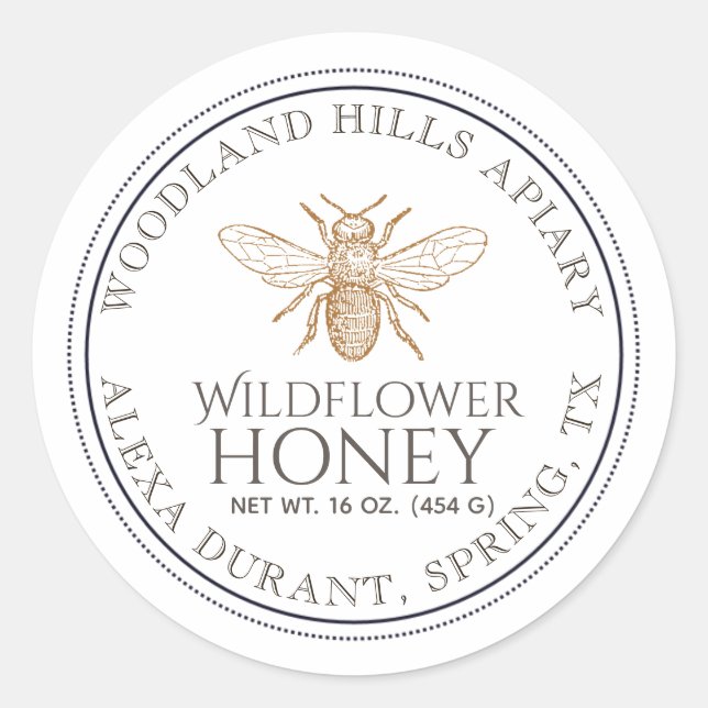 Editable Honey Jar Bee Wildblume Label Runder Aufkleber (Vorderseite)