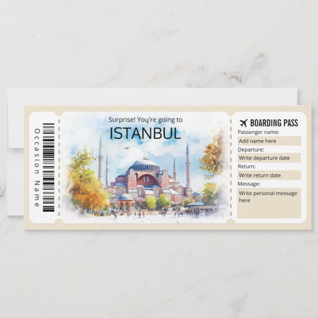 Editable Istanbul Flugzeug Ticket, Türkei Trip Einladung (Vorderseite)
