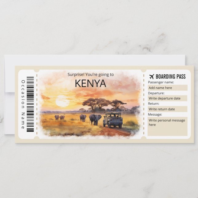 Editable Kenya Flugzeug Ticket, Kenya Trip Einladung (Vorderseite)