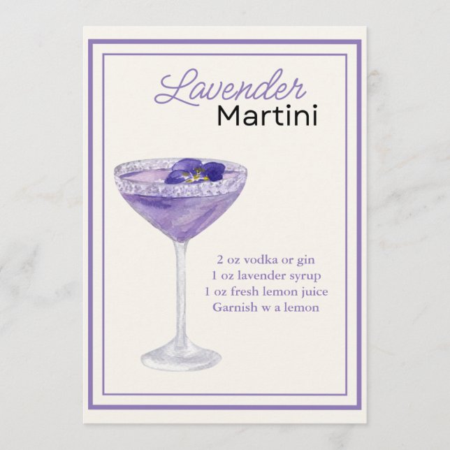 Editable Lavender Martini-Rezept-Karte Menükarte (Vorderseite)