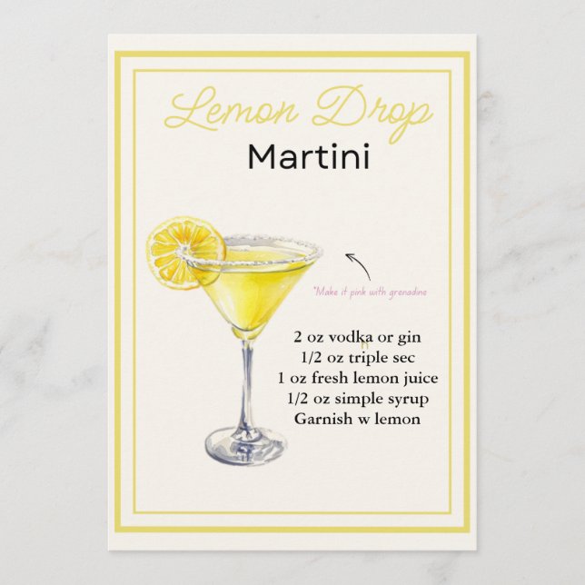 Editable Lemon Drop Martini Rezept Card Menükarte (Vorderseite)