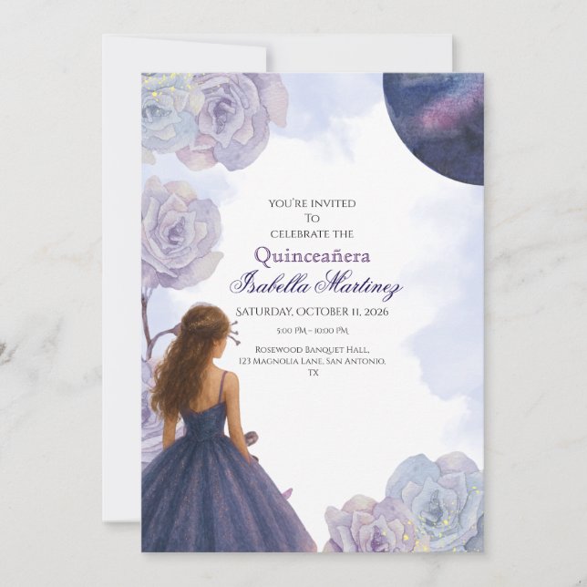 Editable Lila Watercolor Quinceañera Einladung (Vorderseite)
