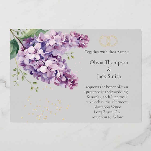 Editable Lilac Floral Invitation, Floral and Gold Folieneinladung (Vorderseite)