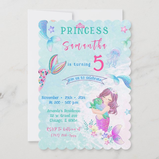 Editable Little Mermaid Birthday Einladung (Vorderseite)