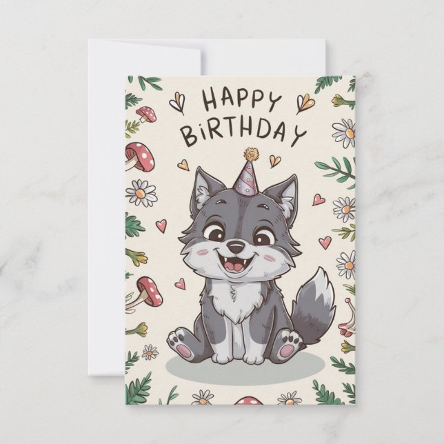 Editable Little Wolf Digital Geburtstag Karte (Vorderseite)