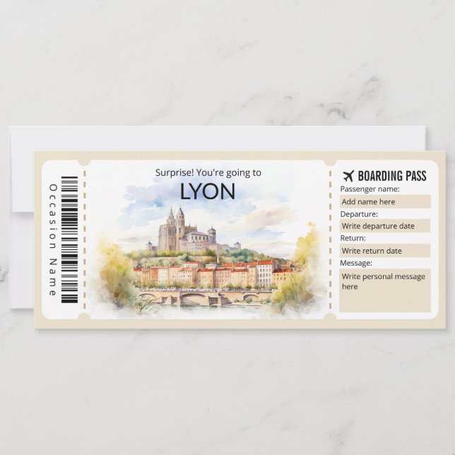 Editable Lyon Flugzeug Ticket, Lyon Trip Einladung (Vorderseite)
