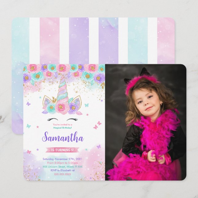 Editable Magical Unicorn Foto Einladung (Vorne/Hinten)