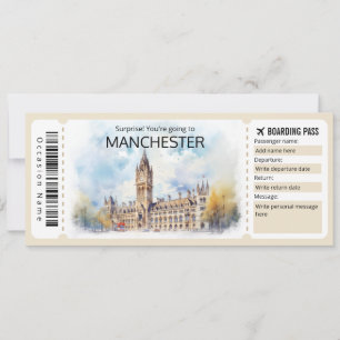 Editable Manchester Flugzeug Ticket, England Trip Einladung