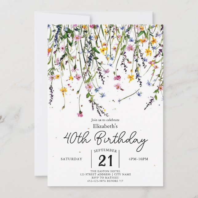 Editable Meadow Wildblumen 40. Geburtstag Einladung (Vorderseite)