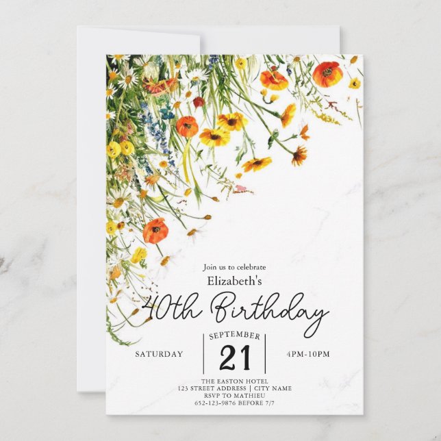 Editable Meadow Wildblumen 40. Geburtstag Einladung (Vorderseite)