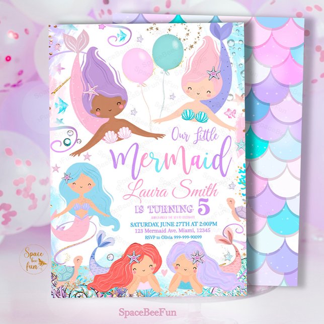 Editable Mermaid Birthday Party Einladung unter (Mermaid,Birthday Party,Invitation mermaid,Sea Mermaid,Party invite,Under The Sea,Pool Magical party,)