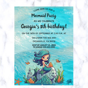Editable Mermaid Einladung Postkarte