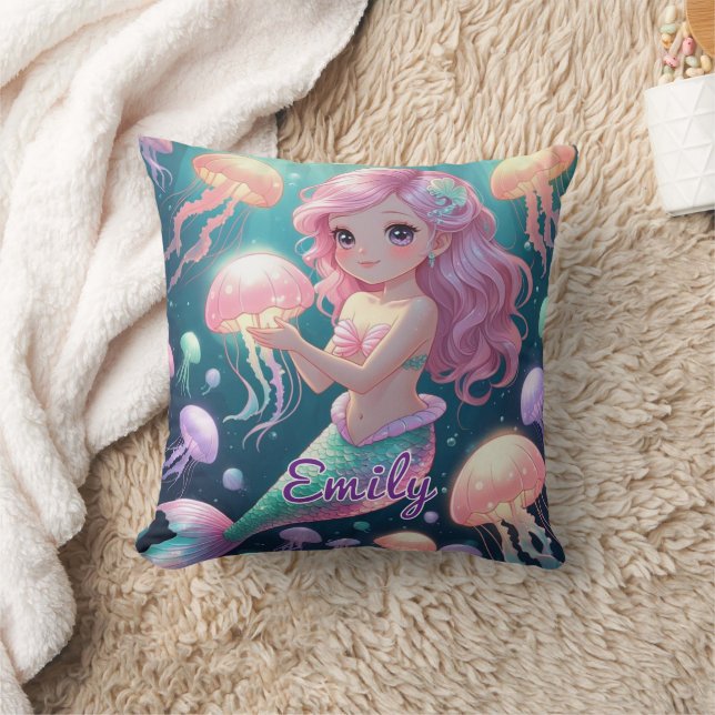 Editable Mermaid & Jellyfish Square Kissen (Decke)