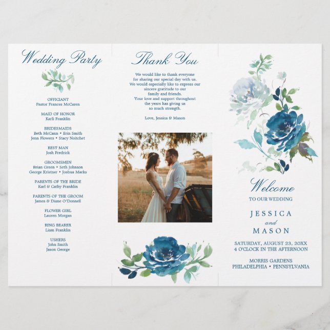 Editable Midnight Blooms Trifold Wedding Program Flyer (Vorne)