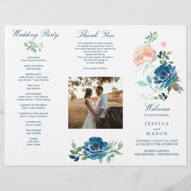 Editable Midnight Blooms Trifold Wedding Program Flyer (Vorne)