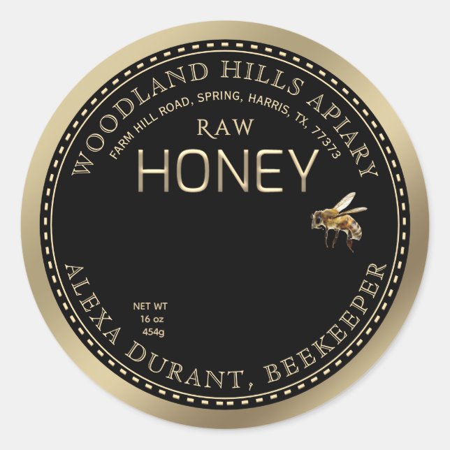 Editable Miel Jar Bee Fleur sauvage Étiquette Blac (Devant)