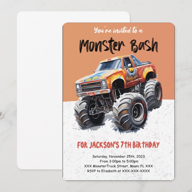 Editable Monster Truck Birthday Einladung (Vorne/Hinten)
