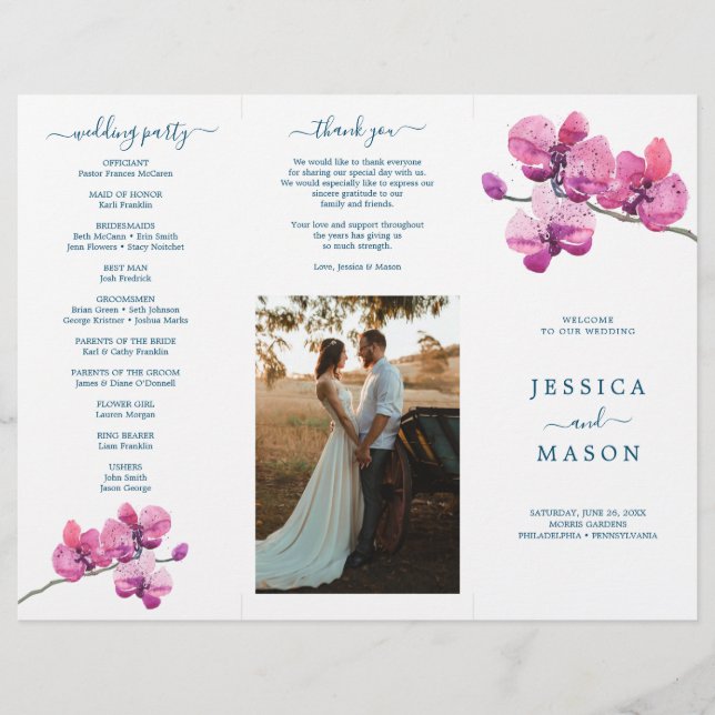 Editable Moth Orchid Trifold Wedding Program Flyer (Vorne)