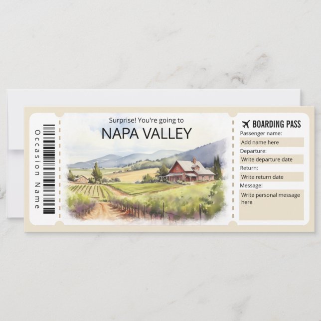 Editable Napa Valley Flugzeug Ticket, Kalifornien Einladung (Vorderseite)