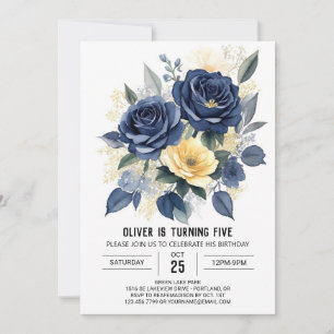 Editable Navy Blue Floral Birthday Einladung