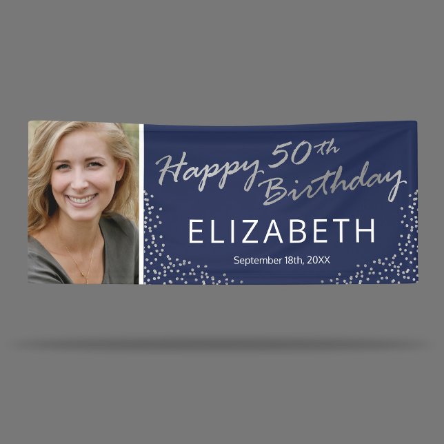 Editable Navy Blue Silver 50. Geburtstag Foto Banner (Von Creator hochgeladen)